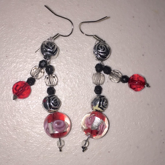 Red black clear BoHo OOAK glass retro pierced dangle sexy RETRO hippie earrings - Picture 16 of 17